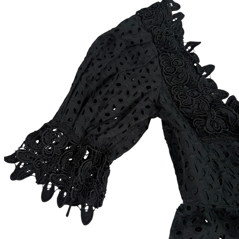 Moda International Black Eyelet Lace Cotton Babydoll Top Puff Sleeve Size 6 - Picture 6 of 8